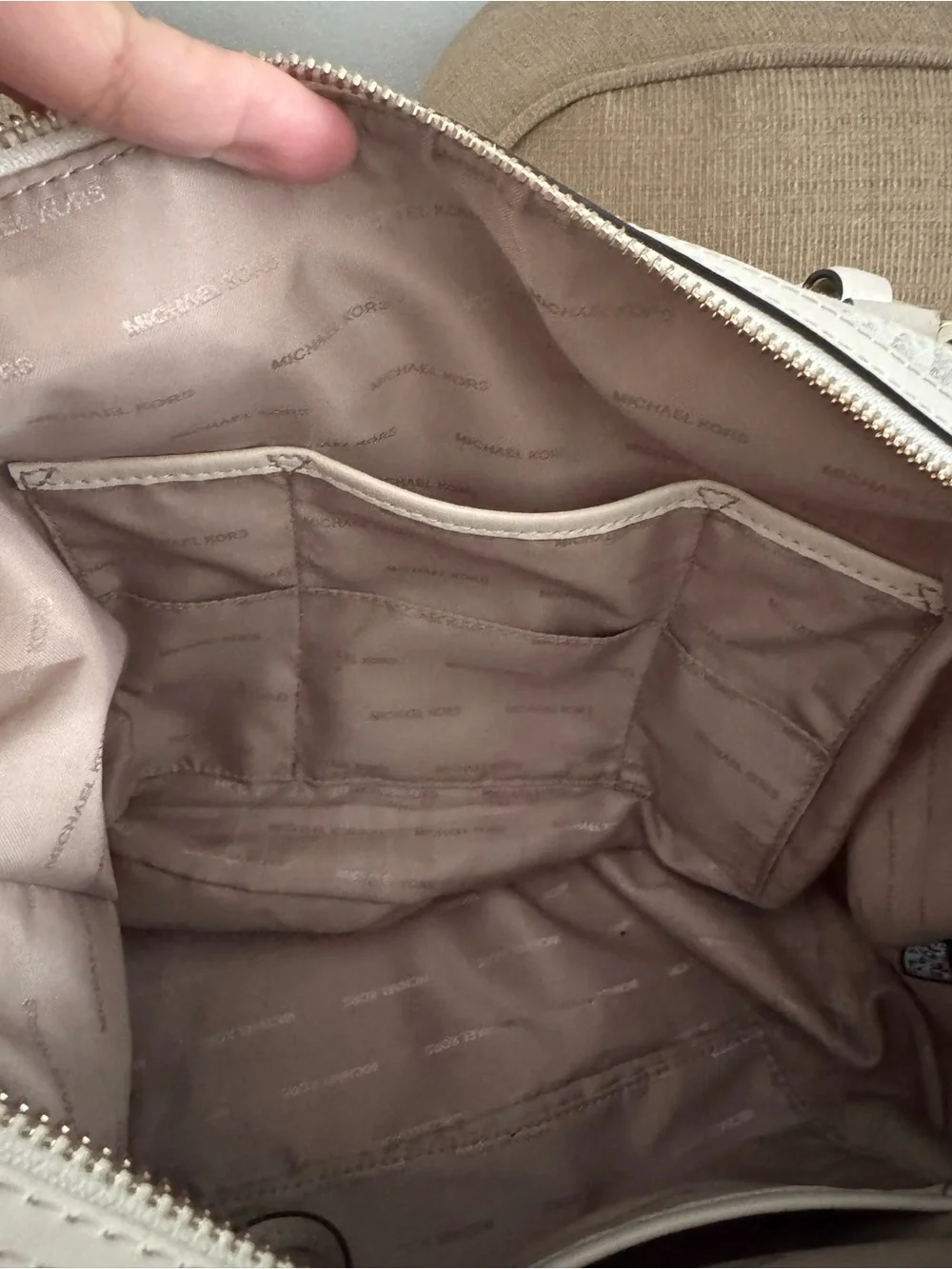 Michael Kors Cream Monogram Satchel with Gold Hardware